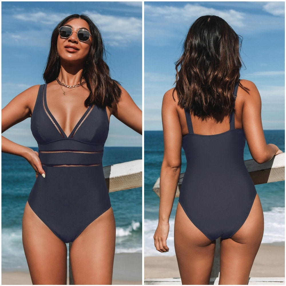 NWT Cupshe Dark Blue Deep V Ladder Lace Mesh Tummy One Piece Swimsuit Bathing S